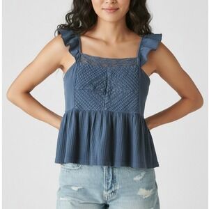 Lucky Brand Womens Boho Cotton Ruffle Babydoll Top Size S Blue Cottagecore